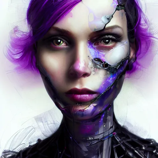 Prompt: extreme close up facial portrait of a beautiful woman with purple hair in power armor, bionic armor, void energy, glowing pupils, stoic, powerful, by benedick bana and artur bordalo and tom bagshaw and craig davison and guy denning and harumi hironaka, trending on artstation hq, deviantart, pinterest, 4 k uhd image