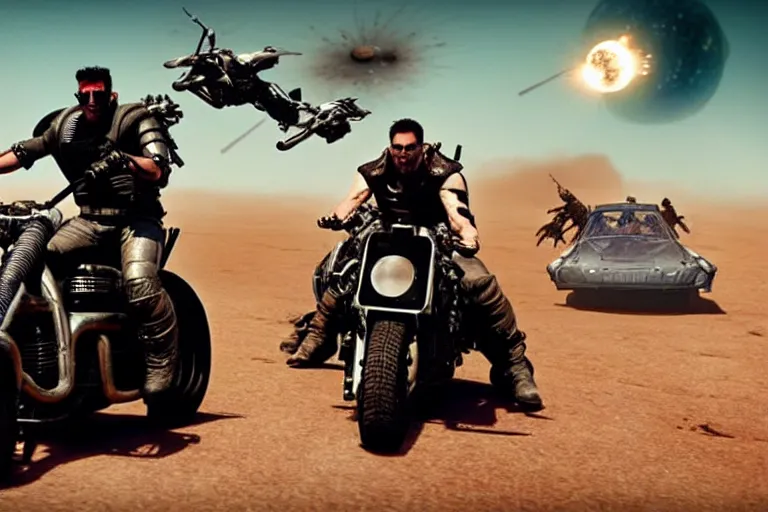 Prompt: mad max riding his Interceptor in space, fighting mutants on space bikes, action-scene, very detailed, high octane