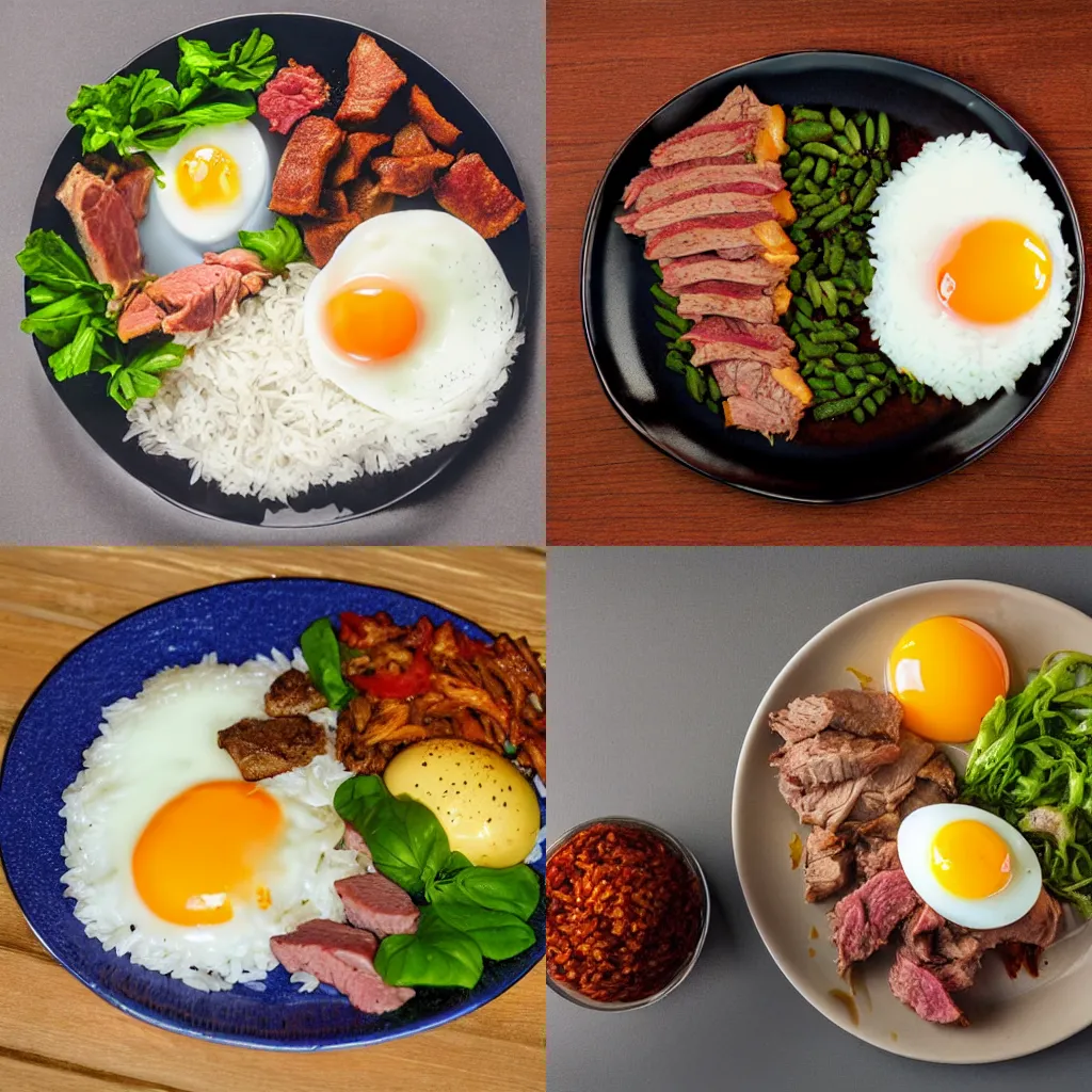 Prompt: a plate of food with meat, rice, and an egg, a stock photo by anne rigney, pinterest contest winner, dau - al - set, lomo, contest winner, masterpiece