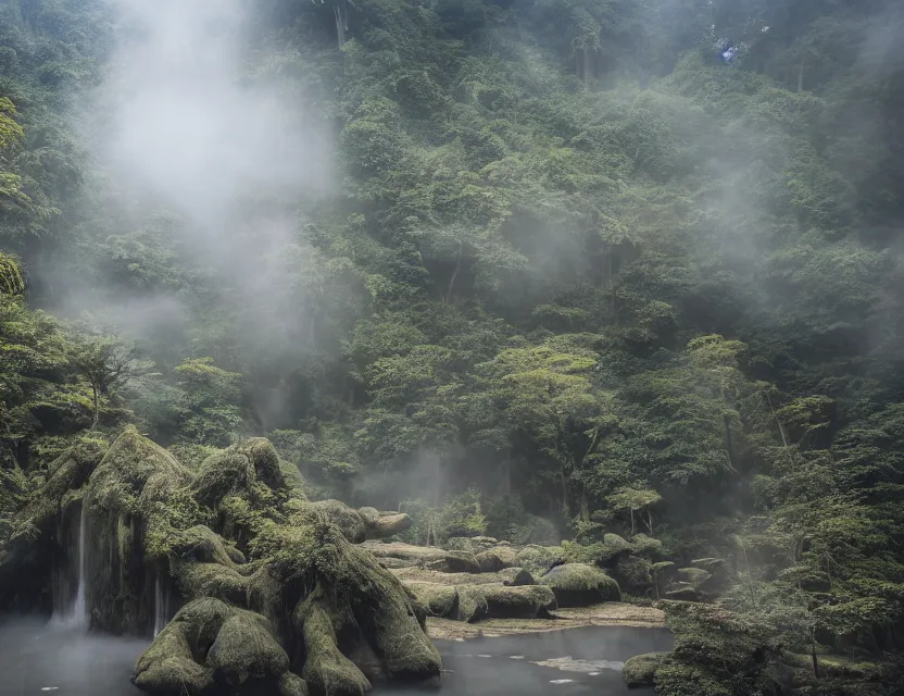 Image similar to a cinematic photo of epic ancient japanese hot springs temples on the top of a mountain in a misty bamboo cloud forest with waterfalls in winter