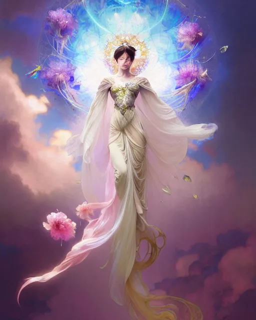 Image similar to Full View ultrarealistic Portrait ethereal fantasy deity wearing beautiful gown, rising in the air levitating, flowers, calm, 4k digital masterpiece by Anna Dittman and Alberto Seveso Ruan Jia, rossdraws, artgerm and greg rutkowski and alphonse mucha and loish and WLOP, fantasycore, Hyperdetailed, fractals, scribble art, realistic digital painting, atmospheric, fireflies, soft lighting, featured on Artstation