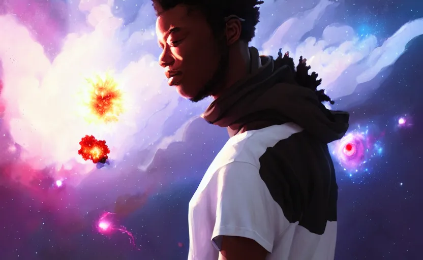 Image similar to handsome black genius hacking the metaverse, vr headset, white t - shirt and jordans, flying through spacetime, exploding nebulae, highly detailed, digital painting, artstation, concept art, smooth, sharp focus, illustration, art by wlop, mars ravelo and greg rutkowski