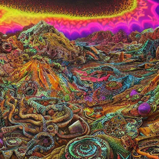 Prompt: psychedelic wasteland, intricate detail, hyperrealistic