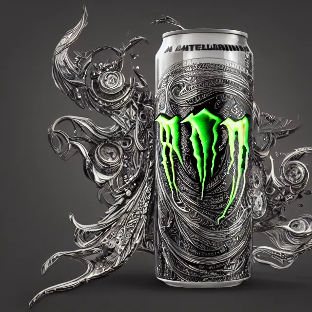 Image similar to aluminian can of monster energy drink, intricate and very very beautiful and elegant, highly detailed, digital painting, artstation, concept art, smooth and sharp focus, illustration