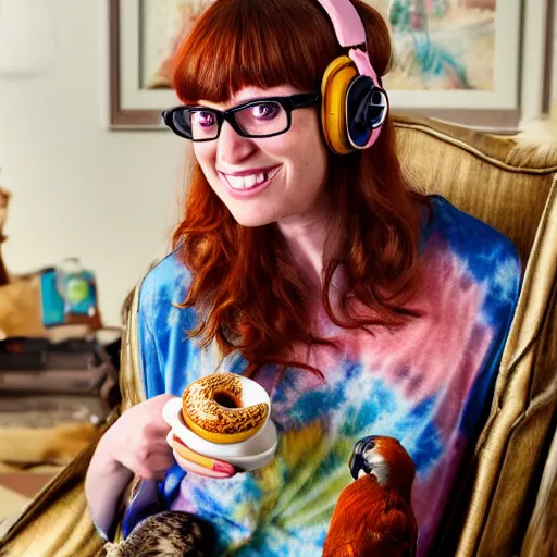 Image similar to a stunning hyper-detailed portrait photo of a beautiful smiling bespectacled woman with long auburn hair and bangs, wearing a tie-dye t-shirt, wearing steampunk headphones and posing with her raccoons and parrots in an overstuffed easy chair in her sunlit living room, holding a coffee cup and a donut and smoking an elaborate hookah, perfect eyes, octane render, unreal engine, 85 mm lens,