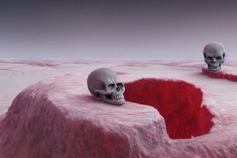 Image similar to a hd render of a floating red skull, surreal frozen landscape, 8 k, cinematic lighting, by beeple and zdzisław beksinski