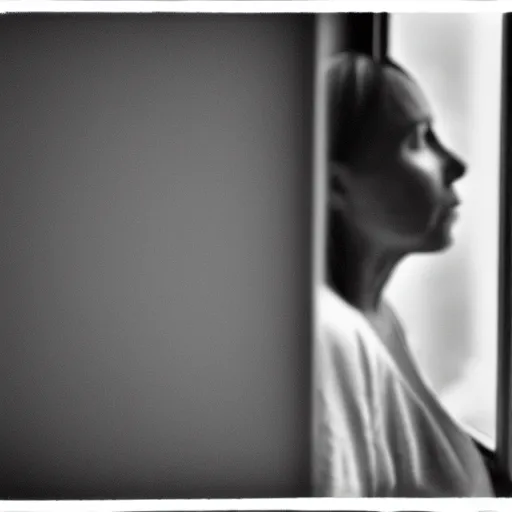 Prompt: black and white photograph portrait of a depressed 35 years old woman standing by the window, natural light, lomo, film grain, soft vignette, sigma 85mm f/1.4 1/10 sec shutter