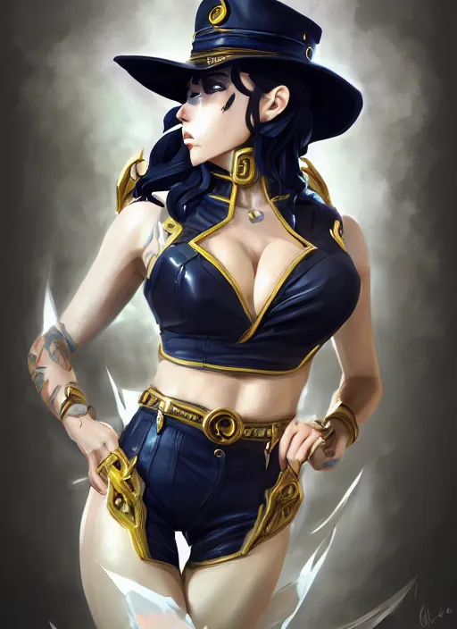 Image similar to a highly detailed illustration of beautiful girl cosplaying jotaro kujo, intricate, elegant, highly detailed, centered, digital painting, artstation, concept art, smooth, sharp focus, league of legends concept art, wlop.