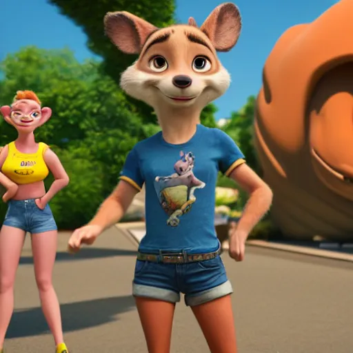 Image similar to 3 d render, portrait, upper body shot, mid shot, anthropomorphic mouse, female, wearing denim short shorts and a off yellow tank top shirt, solo, in the style of zootopia