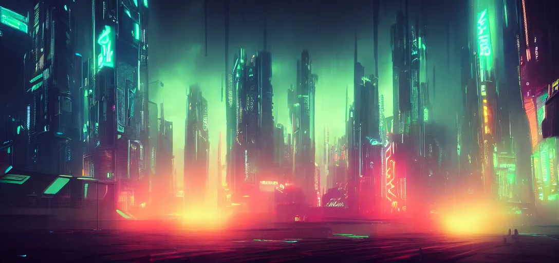 Prompt: view from the ground of a futuristic blade runner cyberpunk city, neon, horizon, fog, light rays, symmetry, cinematic lighting, ultra detailed, sharp, ambient occlusion, bloom, raytracing, by greg rutowski, paul chadeisson and jessica rossier