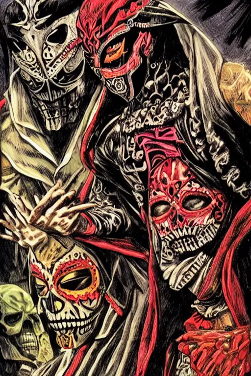 Image similar to Illustration of the Lucha Bros Rey Fenix and Pentagon Jr day of the dead, art by bernie wrightson