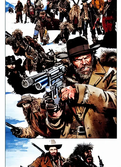 Image similar to epic action gunfight scene from The Hateful Eight by Quentin Tarantino in style by Dave Gibbons and Yoji Shinkawa, trending on artstation, details, intricate, 4k, perfect faces - W 1280