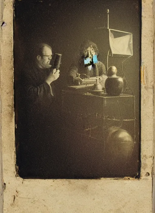 Image similar to old wetplate daguerreotype portrait of the birth of a genius writer, explosion of data fragments, fractal, intricate, elegant, highly detailed, parallax, leica, medium format, subsurface scattering, by jheronimus bosch and greg rutkowski and louis jacques mande daguerre