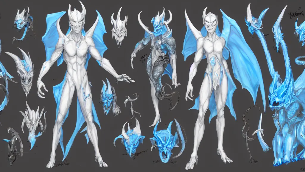 Image similar to a fantasy white and pale blue draconian demon with bright eyes character design sheet, trending on artstation