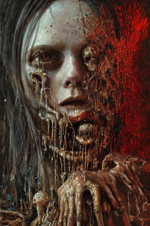 Prompt: a hyper intricate oil portrait of a godess of death, drip painting, skulls, excelent composition, wide shot, by zdzislaw beksinski, intricate, horror atmosphere, unreal engine 5 highly rendered, global illumination