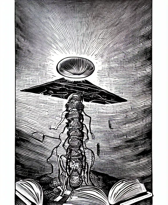 Image similar to alien mothership beaming up books on white background, art by james o barr and albrecht durer, woodblock print, engraved, black and white, vector, vector art