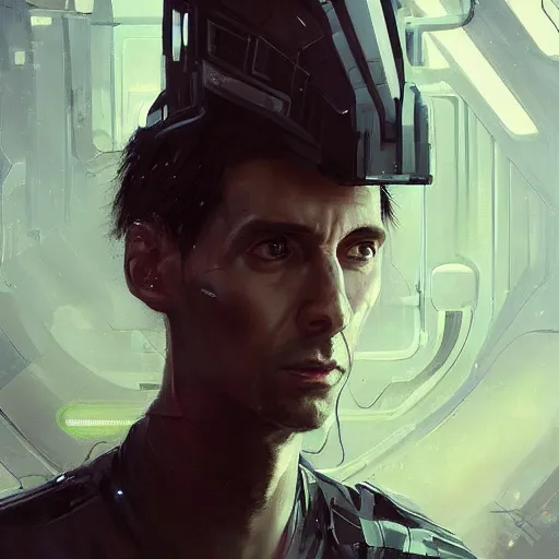 Image similar to portrait of a shocked man by greg rutkowski, he is about 3 0 years old, short black hair with bangs, scared and incredulous, very tall and slender, he is wearing futuristic space gear, highly detailed portrait, digital painting, artstation, concept art, smooth, sharp foccus ilustration, artstation hq