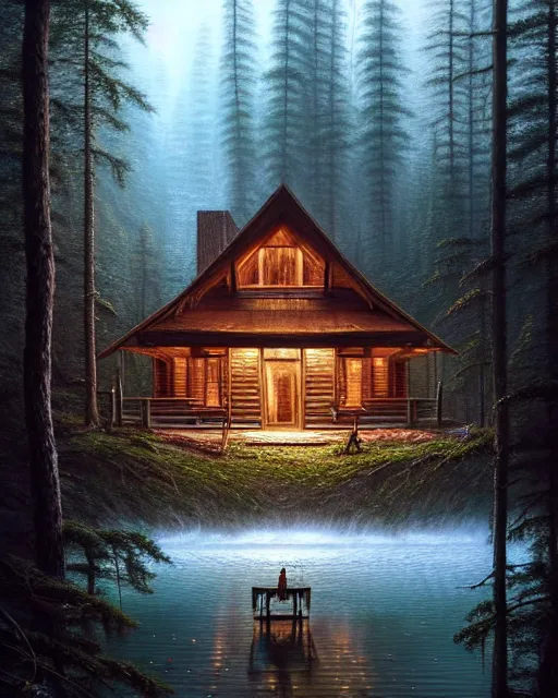 Image similar to a hyper - detailed 3 d render like an oil painting of cabin in the woods floating inside our own consciousness!!!!! surreal concept art, lifelike, photorealistic, digital painting, aesthetic, smooth, sharp focus, artstation hd, by greg rutkowski, bruce pennington, valentina remenar, rhads, asher duran,