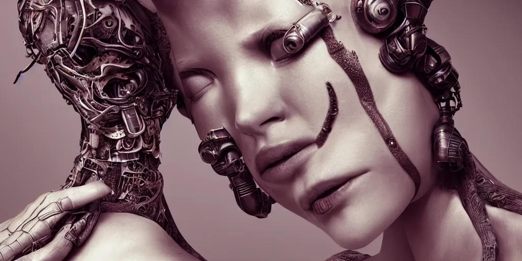 Prompt: hyper realistic photography of a stunningly beautiful cyborg female, elbow, intimate, holding close, in the style of beth cavener, jin kagetsu, wlop, highly detailed, intricate filigree, symmetry, masterpiece,, concept art, highkey lighting, ambient lighting, octane render, 8 k, artstation