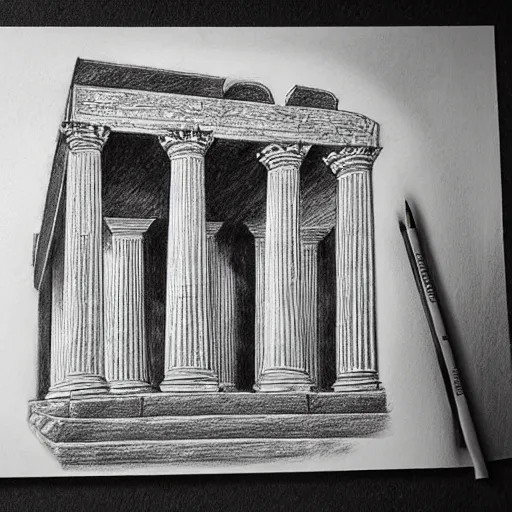 Prompt: a conceptual and highly detailed pencil drawing of a roman temple on cream parchment paper