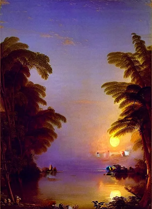 Prompt: the night river of light, tropical vegetation, serene twilight moonlight, by frederic edwin church,