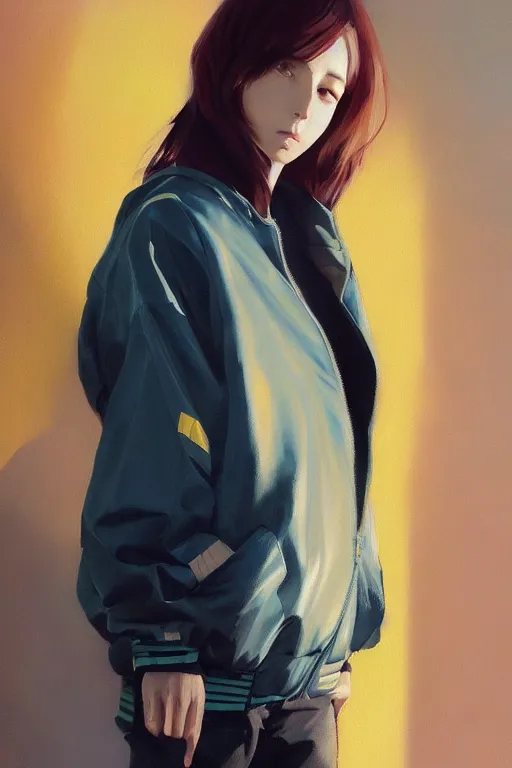 Prompt: A ultradetailed beautiful panting of a stylish girl wearing an oversized Nike jacket, Oil painting, by Ilya Kuvshinov, Greg Rutkowski and Makoto Shinkai