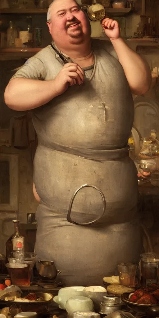 Image similar to portrait of a fat tavern ownler with dirty apron by Edgar Maxence and Ross Tran and Michael Whelan, 8k, octane render