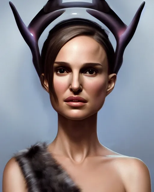 Image similar to Natalie Portman, wearing alien antennae headband, very detailed portrait, ultrarealistic, dramatic lighting, electrical details, high details, 4k, 8k, best, accurate, trending on artstation, fur, artstation, photorealism, ultrarealistic, digital painting, style of Dali, Caravaggio, Boris Vallejo