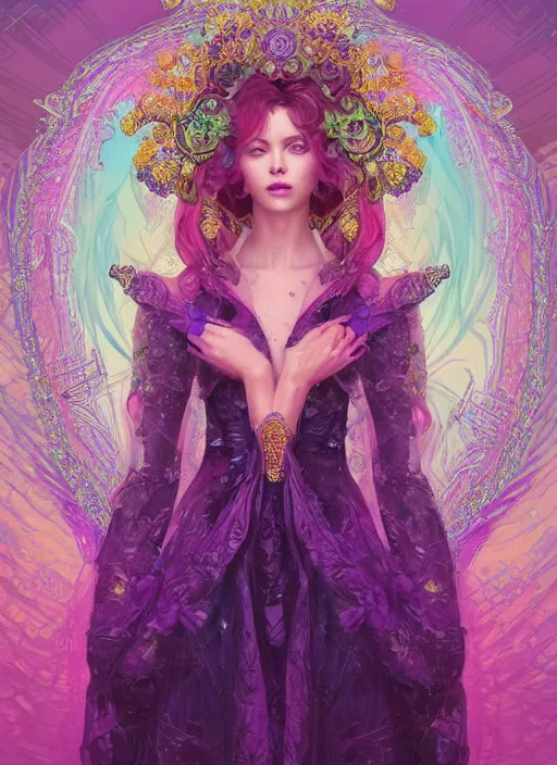 Prompt: beautiful young woman, extremely detailed gorgeous face, sad eyes, tears, sexy body and face, pink and purple hair, vaporwave aesthetic, synthwave, long luxurious gown, colorful, psychedelic, intricate, elegant, highly detailed, digital painting, artstation, concept art, smooth, sharp focus, illustration, art by artgerm and greg rutkowski and alphonse mucha