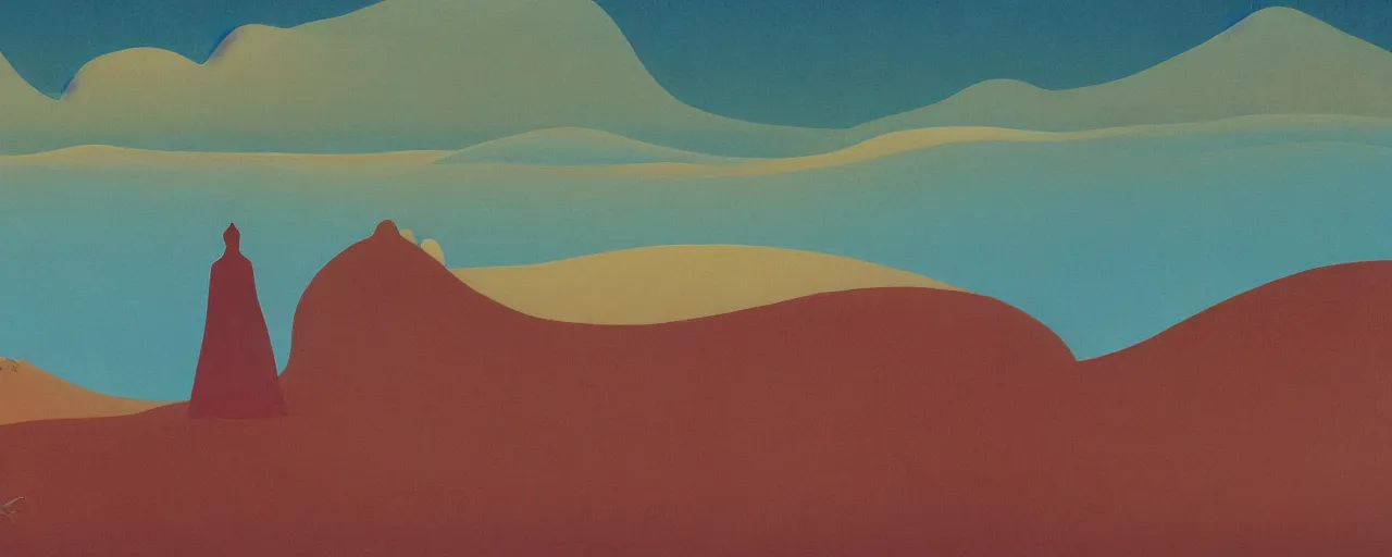 Image similar to deep golden sand desert, oasis, water lake, mirage, sand mists, red sandstone natural sculptures, desert flowers, subtle color variations, wind, a white robed benevolent magician clothed in a royal garment in contemplation meditating upon God, by Eyvind Earle and Mary Blair