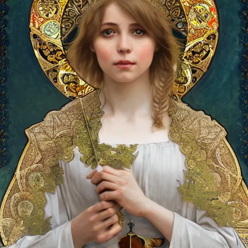 Prompt: Natalia Poklonskaya in medieval armour by mucha bouguereau, elegant, digital painting, highly detailed, fantasy, artstation, concept art, smooth, sharp focus, illustration