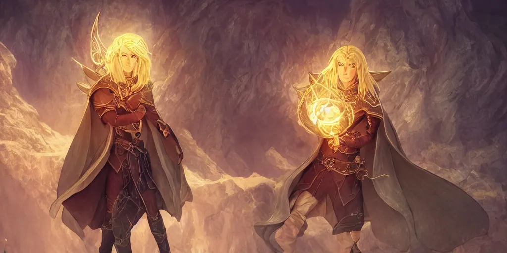 Image similar to a male elven sorcerer with honey blond medium long hair in a leather armor, wearing a cape, holding a glowing orb, dungeon background, magical, bright, colorful, fantastic lighting, amazing details, 4 k uhd, illustration by hayao miyazaki and makoto shinkai and ilya kuvshinov, artstation, pixiv,