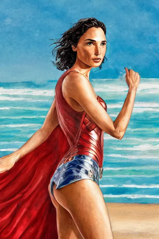Image similar to full body illustration of gal gadot on the beach in the style of steve hanks, 4 k, detailed, 1 / 3 headroom, rule of thirds