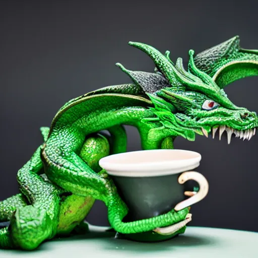 Prompt: a green dragon drinking a cup of tea