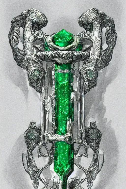 Image similar to an ancient white bone and emerald gemstone relic, intricate engraving, concept art style