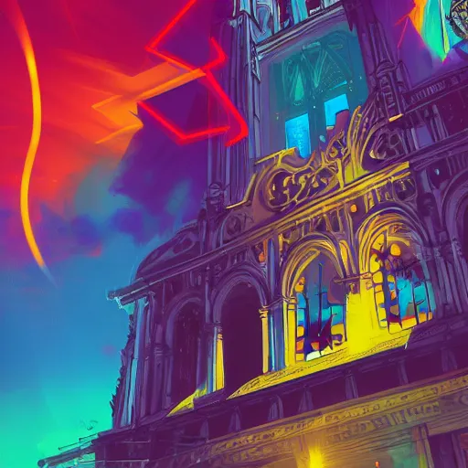 Prompt: chatedral in heaven,retrowave art,trending on art station