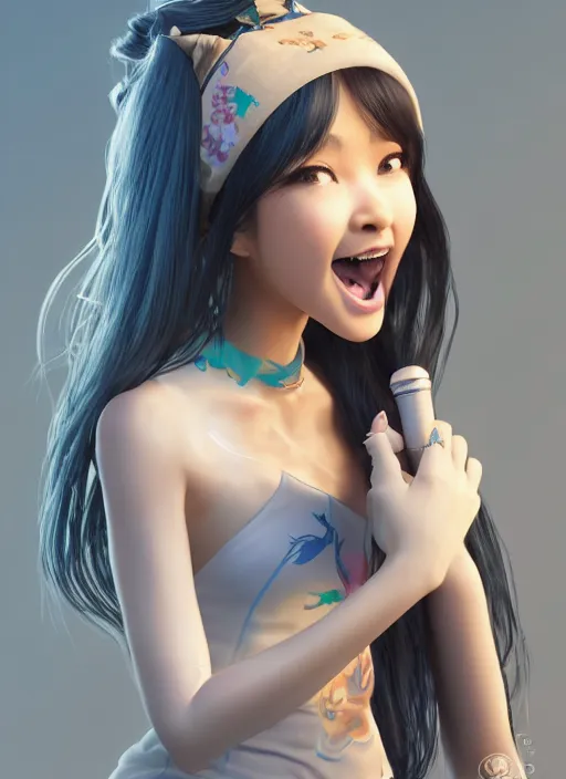 Image similar to a cute asian girl singing, flowing hair in the style of pixar animation, full body shot, award winning, hyper detailed, studio lighting, artstation, octane renderer, unreal engine