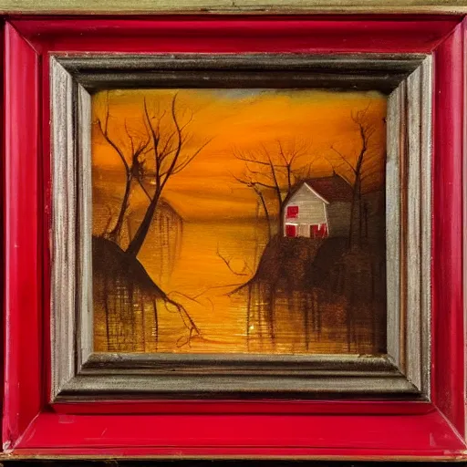 Image similar to a haunting painting in a bright red frame