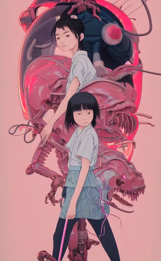 Image similar to Artwork by James Jean, Phil noto and hiyao Miyazaki ; a young Japanese future samurai police girl named Yoshimi battles an enormous looming evil natured carnivorous pink robot on the streets of Tokyo; Japanese shops and neon signage; crowds of people running; Art work by hiyao Miyazaki, Phil noto and James Jean