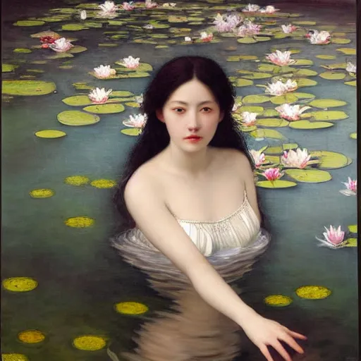 Image similar to a painting of a woman with greek white clothes floating in a pond of water lillies, a fine art painting, by liu jun, cgsociety, deviantart, pre - raphaelitism, figurative art, magical realism, detailed painting, made of flowers