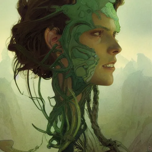 Prompt: close - up portrait of impassive clone with brown, green, and white scales stepping through nabarean arlock, science fiction concept art by greg rutkowski, alphonse mucha, gaston bussiere, brom, deak ferrand, and beksinski