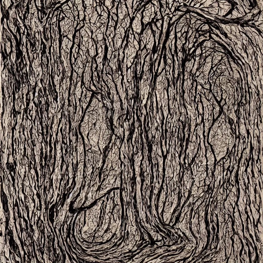 Image similar to Artwork about walking through the paths drawn in tree bark'.