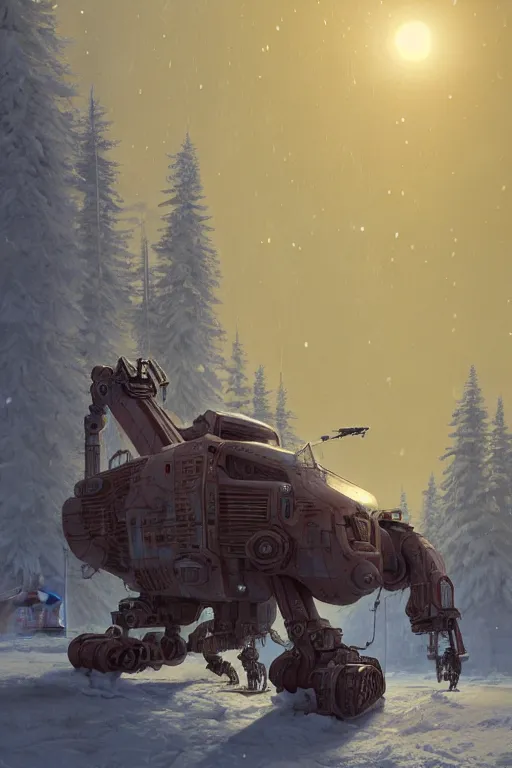 Prompt: mech being exhaisted from plowing snow from it's front yard, highly detailed, scifi, fantasy, highly detailed, digital painting, trending on artstation, concept art, sharp focus, illustration, global illumination, shaded, art by simon stalenhag