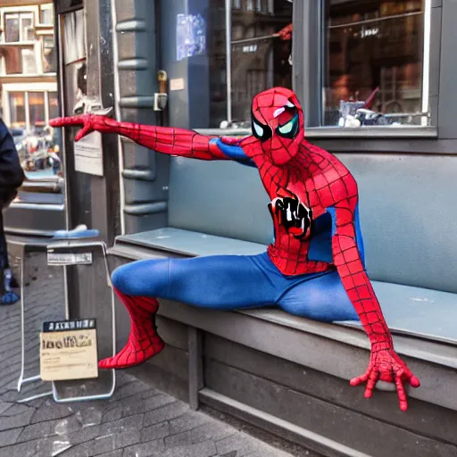 Prompt: Spiderman visiting a coffeeshop in Amsterdam