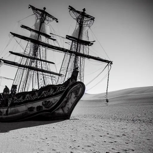 Image similar to pirate ship in the middle of the sahara desert, canon eos r 3, iso 2 0 0, 1 / 1 6 0 s, 8 k, raw, unedited, symmetrical balance, wide angle