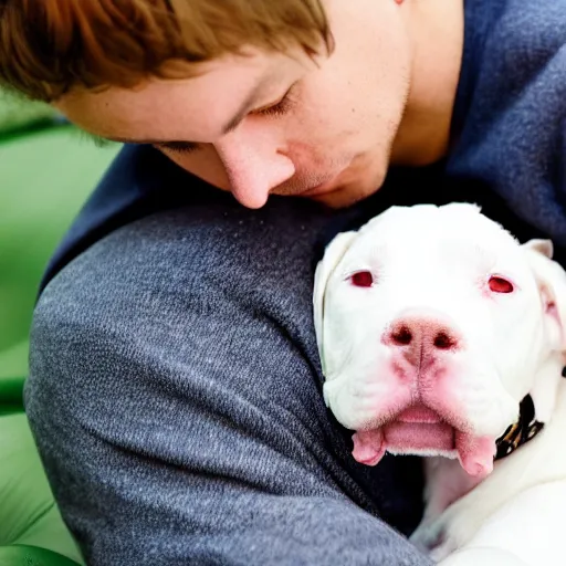 Prompt: portrait of tired white pitbull puppy curled up on a japanese man's lap, highly detailed, cozy aesthetic, fukaya yuichiro