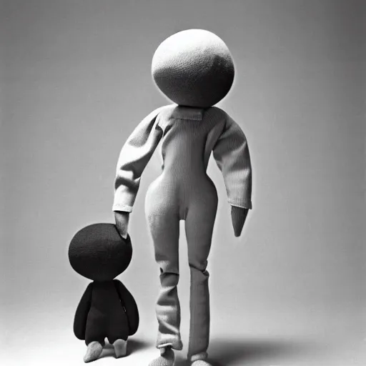 Prompt: a tall and lanky anthropomorphic humanoid figure made up of various baby dolls. the figure has its head slightly tilted to the side staring at the camera. black and white photo. surrealism.