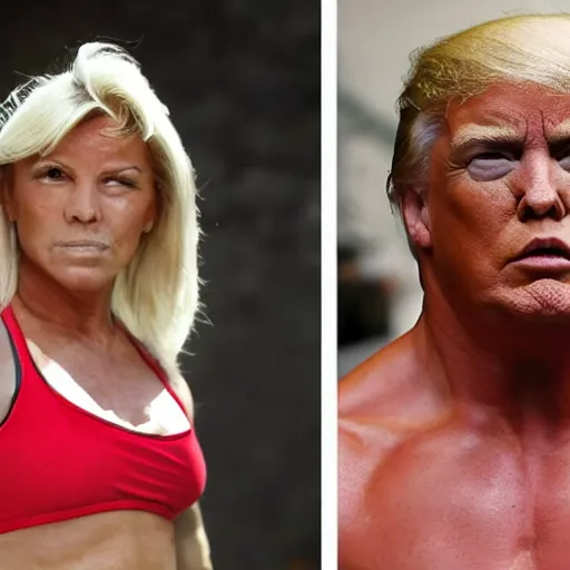 Image similar to a woman who is a genetic combination of hulk hogan and donald trump face and upper - body focus