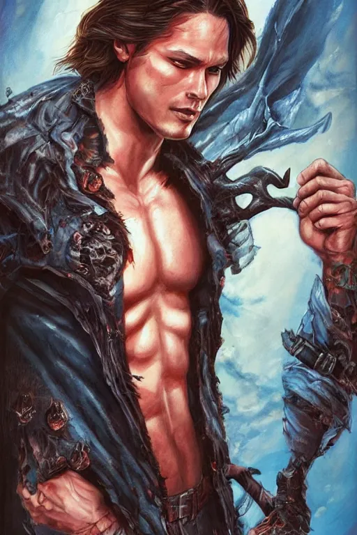 Image similar to romance book illustration style, front portrait of attractive sam winchester as an ann rice vampire, clothes torn apart, muscular chest tattooed with runes and symbols, d & d!, fantasy style, sharp focus!, ultra detailed, art by artgerm and peter andrew jones, wlop