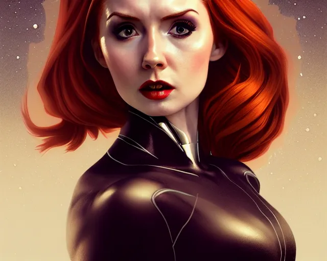 Image similar to Karen Gillan Batgirl, redhead, full body, no mask, symmetrical face symmetrical eyes, leaping from a building, illustration, artstation, cinematic lighting, hyperdetailed, cgsociety, 8k, high resolution, Charlie Bowater, Tom Bagshaw, Norman Rockwell, insanely detailed and intricate